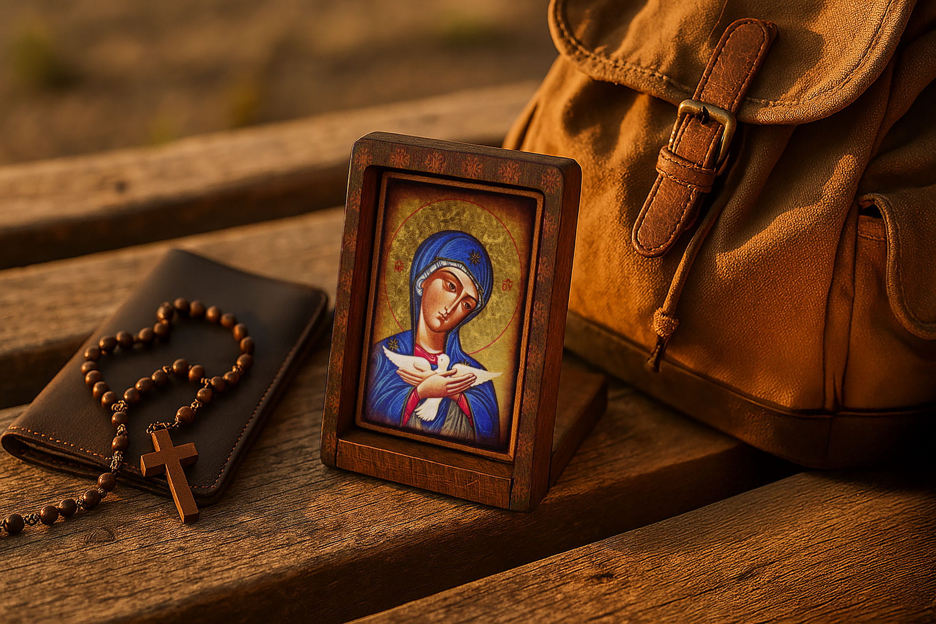 Ikona Podróżna Matka Boska Niosąca Ducha (Pneumatofora) 6,5 x 8,5 cm – Drewniana, Ręcznie Złocona, z Etui – Prezent Religijny