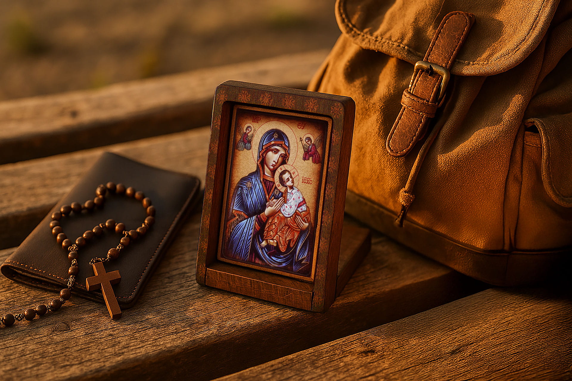 Ikona Podróżna Matka Boska Nieustającej Pomocy 6,5 x 8,5 cm – Drewniana, Ręcznie Złocona, z Etui – Prezent Religijny