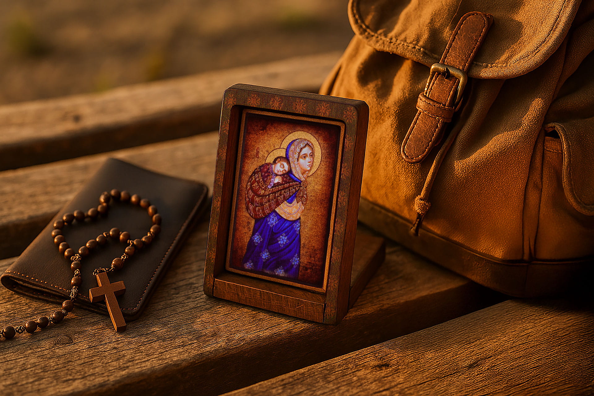 Ikona Podróżna Matka Boska Podróżna 6,5 x 8,5 cm – Drewniana, Ręcznie Złocona, z Etui – Prezent Religijny