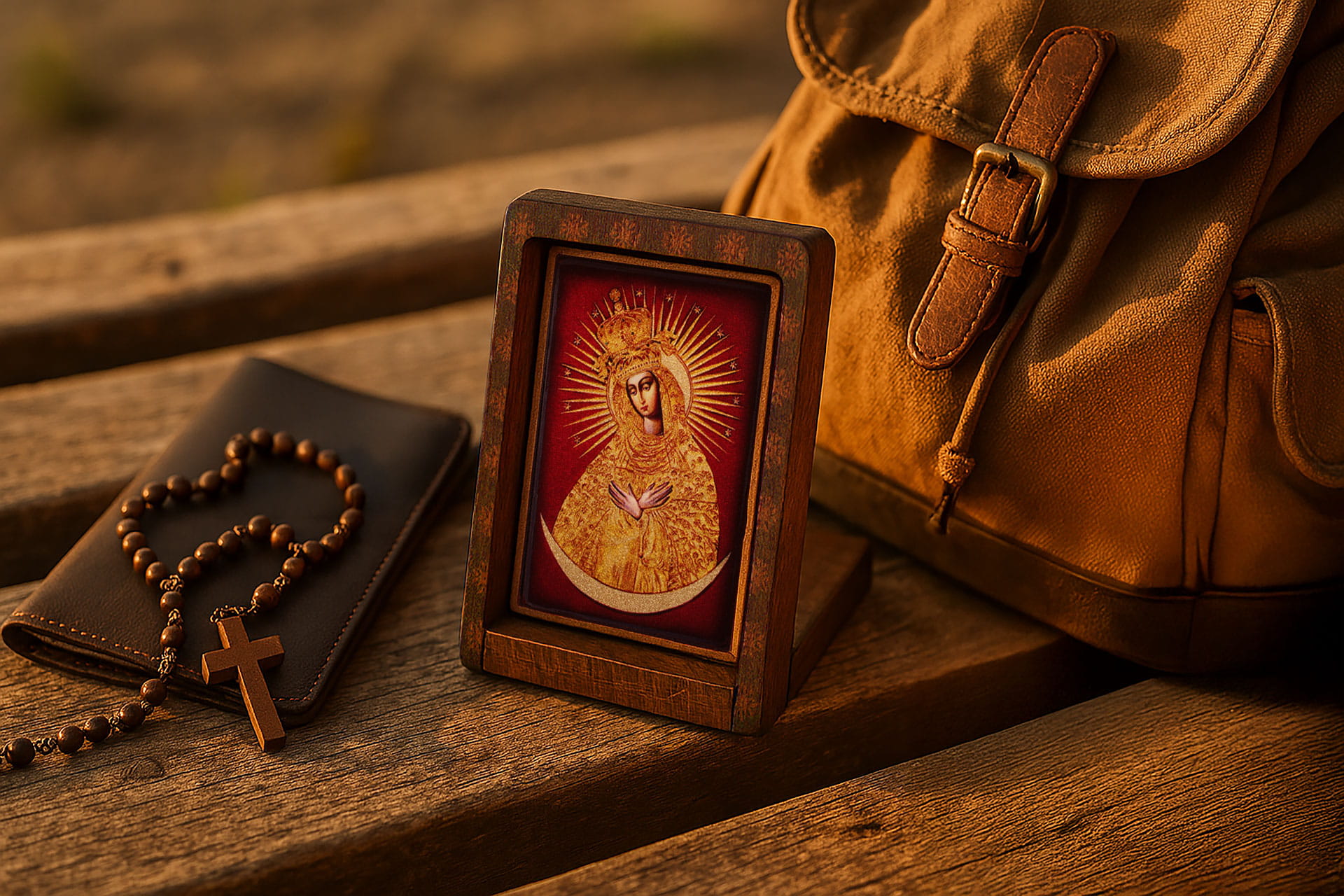 Ikona Podróżna Matka Boska Ostrobramska 6,5 x 8,5 cm – Drewniana, Ręcznie Złocona, z Etui – Prezent Religijny