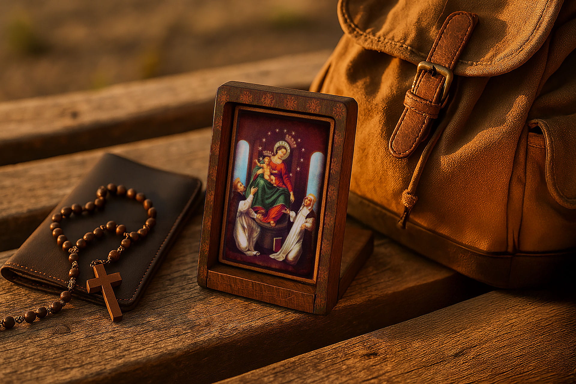 Ikona Podróżna Matka Boska Pompejańska 6,5 x 8,5 cm – Drewniana, Ręcznie Złocona, z Etui – Prezent Religijny