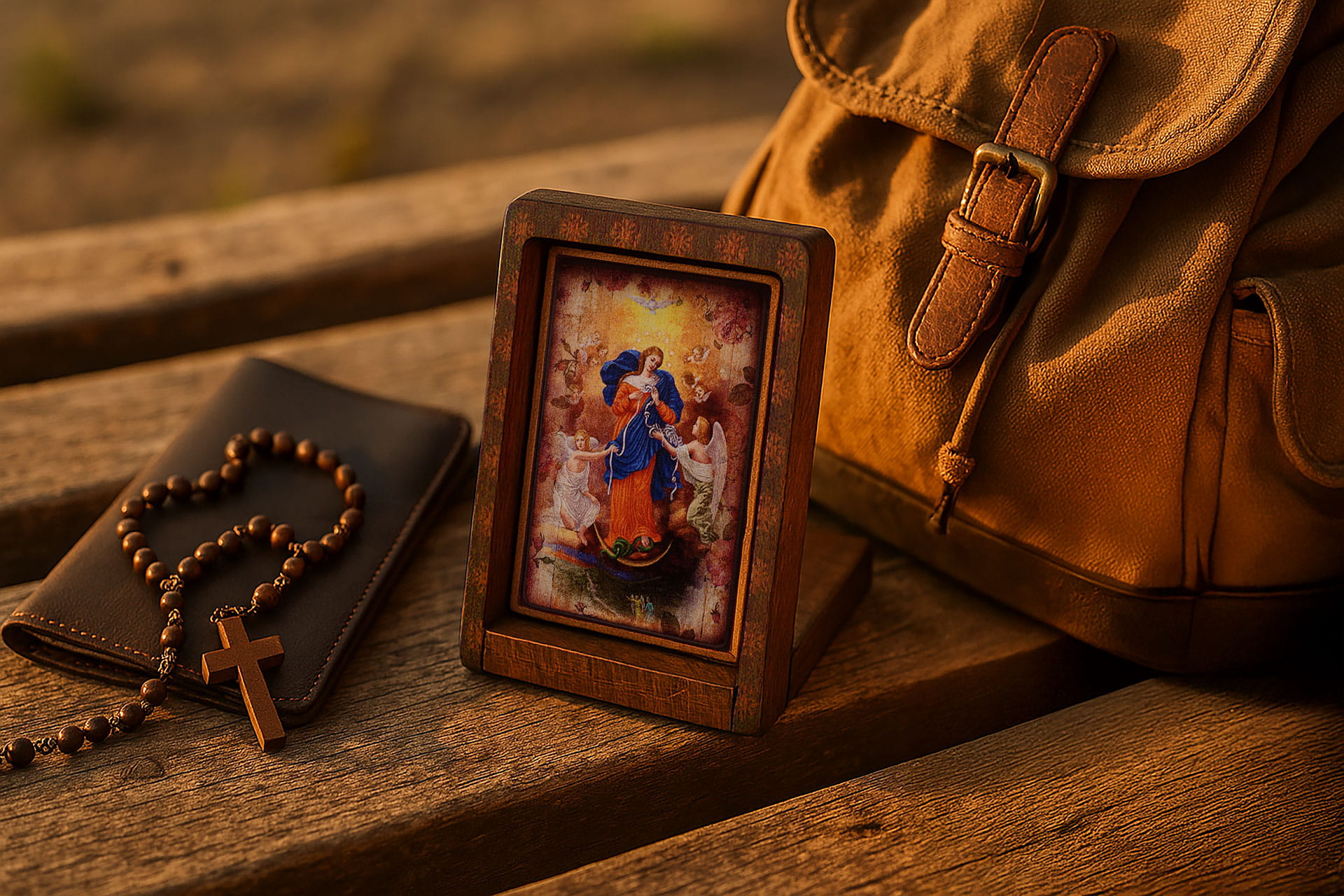 Ikona Podróżna Matka Boska Rozwiązująca Węzły 6,5 x 8,5 cm – Drewniana, Ręcznie Złocona, z Etui – Prezent Religijny