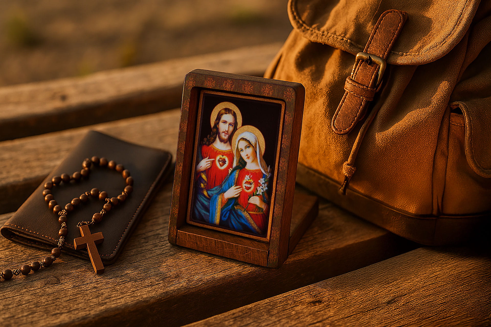 Ikona Podróżna Serce Jezusa Chrystusa i Maryi Panny 6,5 x 8,5 cm – Drewniana, Ręcznie Złocona, z Etui – Prezent Religijny