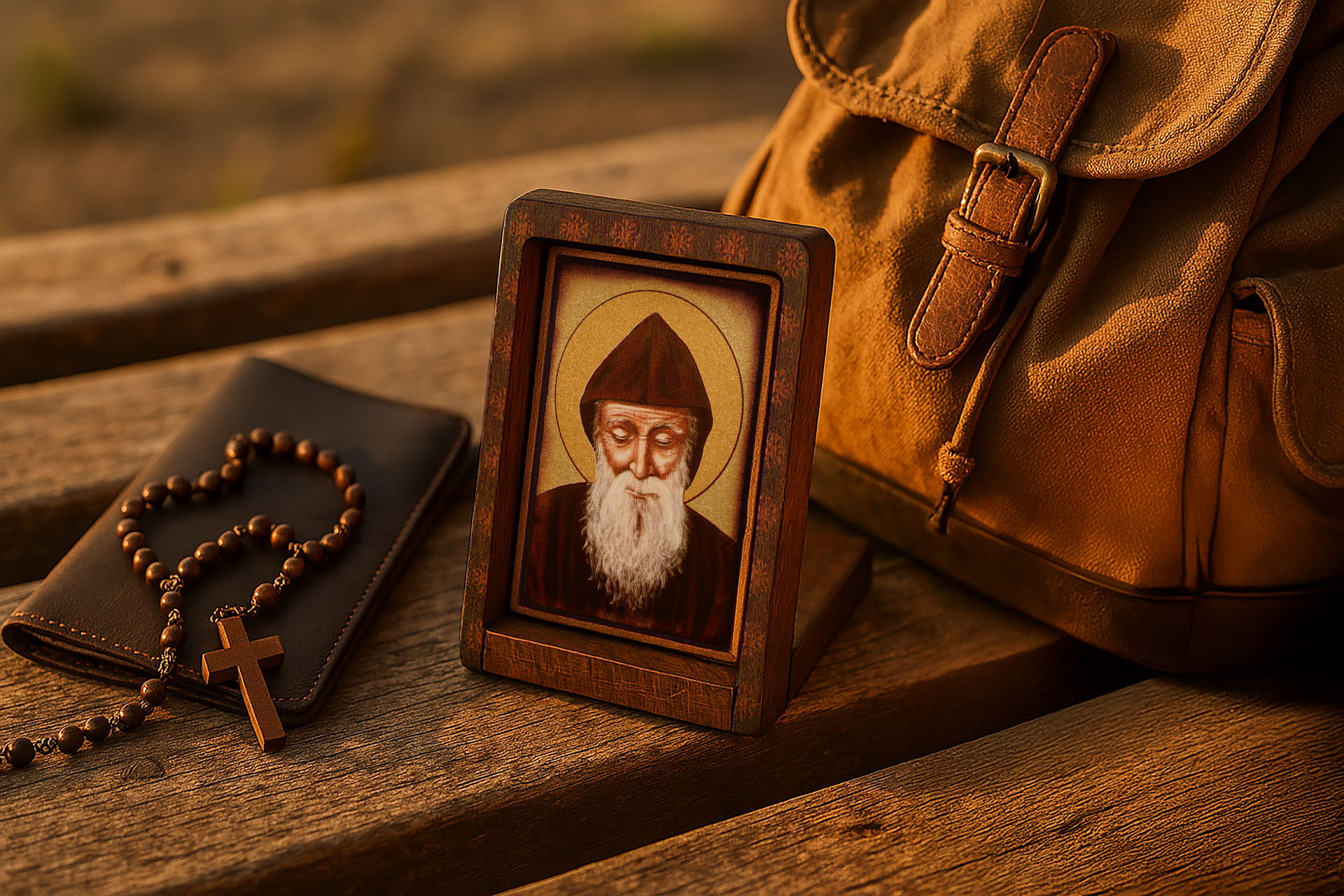 Ikona Podróżna Święty Charbel 6,5 x 8,5 cm – Drewniana, Ręcznie Złocona, z Etui – Prezent na Chrzest, Komunię czy Bierzmowanie